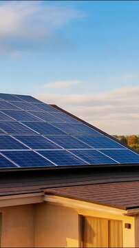 Solar panels on suburban residential rooftop capturing clean renewable energy in high definition motion video animation