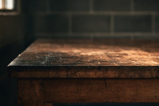 Moody close-up of an aged wooden table with a blurred concrete wall backdrop