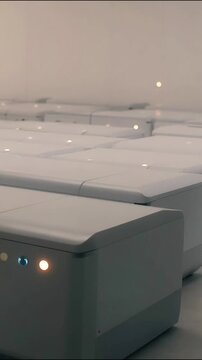 Autonomous delivery robots moving in formation during this high tech warehouse logistics motion video clip animation