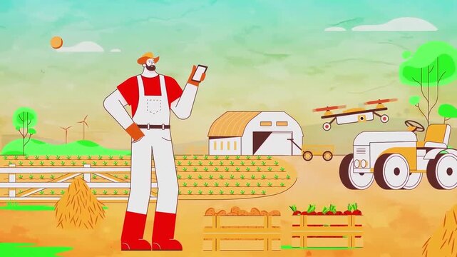 Modern farmer monitoring smart agriculture with mobile digital tablet in this colorful flat vector animation footage of agricultural field environment