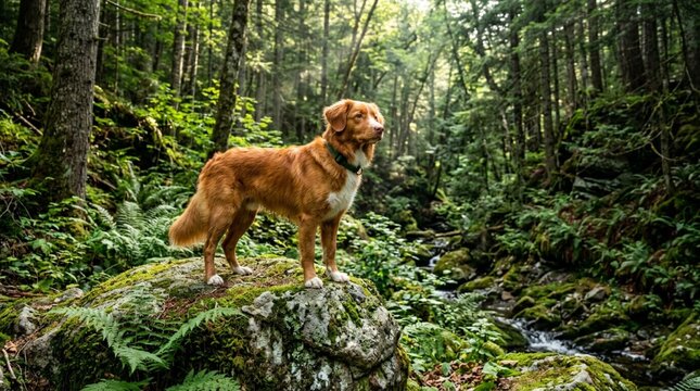 Nova Scotia Duck Tolling Retriever standing alert on a mossy boulder inside a lush green forest canyon with sunbeams piercing through tall trees and ferns