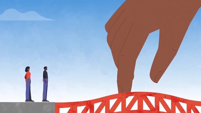 Giant hand placing orange bridge structure for two people standing on edge in this animated motion design video footage clip