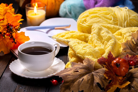 Enjoying autumn tea with knitting and fall decor