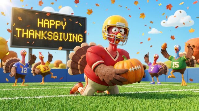 Funny cartoon turkeys playing american football on a field with a pumpkin ball and scoreboard
