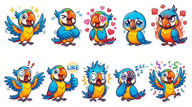 A set of bright, cartoon-style stickers depicting various parrot emotions. A collection of amusing parrots expressing different emotions.