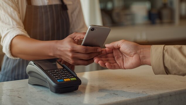 Customer making a contactless mobile payment in a coffee shop