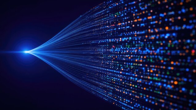 Abstract blue light streams converge into a bright point creating a digital data visualization effect, representing technology and information flow, perfect for network concepts.