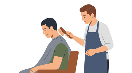 Fototapeta premium Barber cutting client's hair with brush, isolated on white background