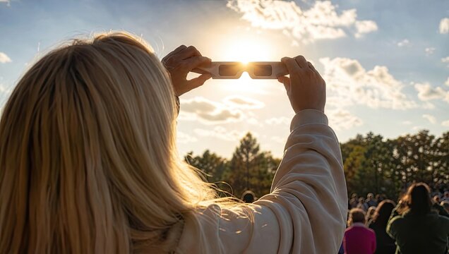 Woman looking at solar eclipse through protective glasses on a sunny day, observing celestial event in outdoor nature with crowd.