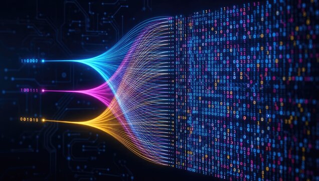 Abstract visualization of data streams and binary code flowing into organized digital information grid for technology and network concepts.