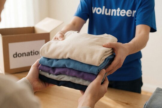 Volunteer in blue t-shirt gives folded apparel stack to recipient. Donation box nearby supports community aid and charitable giving. Indoor scene shows helping hand.