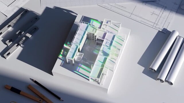 Architectural scale model catches shifting prismatic light as camera glides above white drafting table, surrounded by blueprints, rolled plans, pencils, and layout tools