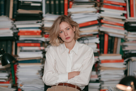 Woman Sitting Before Large Stacks of Books
