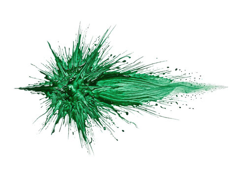 Dynamic emerald green paint burst explosion with sharp spray isolated on transparent background