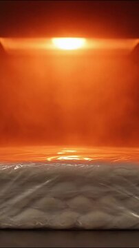 Wrapped white goods illuminated by intense glowing orange light in a cinematic motion video animation sequence