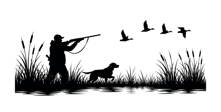 Silhouette of a hunter aiming a shotgun at flying ducks with a dog in marsh grass
