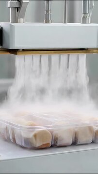 Automated industrial machine steaming fresh food tray in rapid motion clip for high quality production