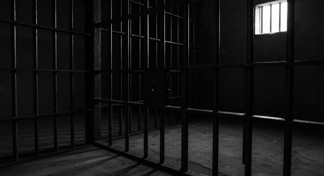 Empty prison cell with bars and small window