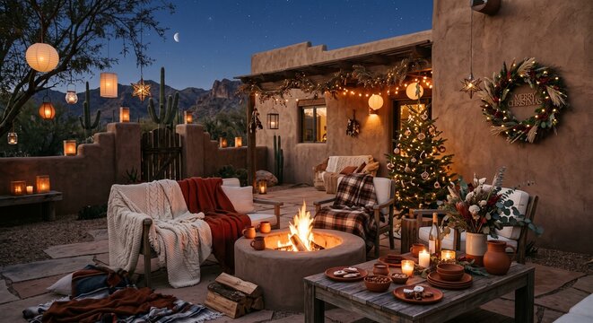 A cozy Christmas evening gathering outdoors by the fire and with festive Christmas decorations.