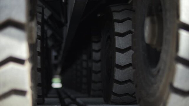 Heavy transport platform wheels starting to move