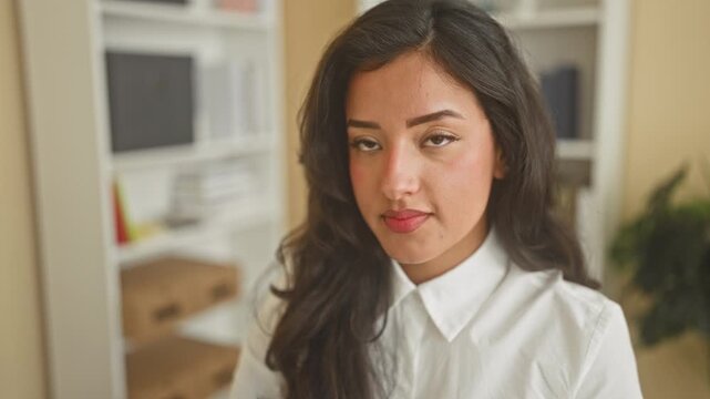 Young woman with visible face smiling at camera in an office setting with bookshelf, boxes and plant, wearing white collared shirt; confidence approachability.