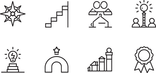 Naklejka premium Career progress and leadership success icons vector set with compass stairs idea badge