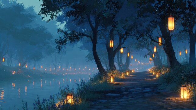 Glowing lanterns illuminate a winding stone path through a misty forest alongside a tranquil river at dusk creating a serene and magical scene