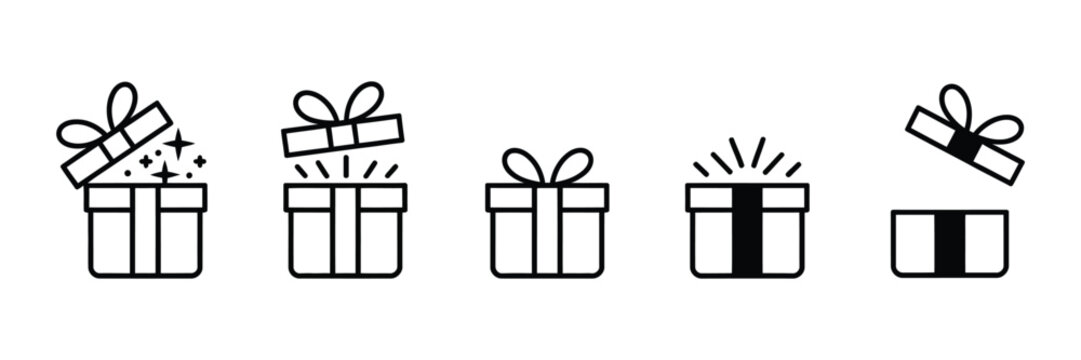 gift box icon set with open closed presents sparkle and gift wrapping elements