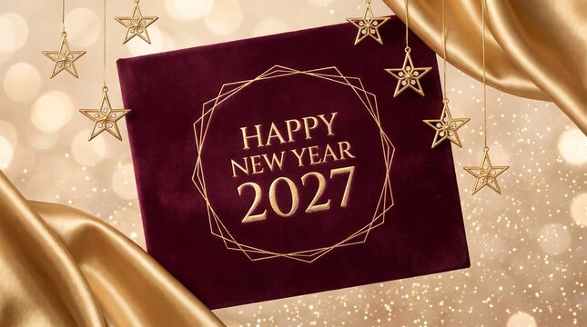 Elegant 2027 Happy New Year Greeting Card with Golden Typography, Burgundy Velvet Panel, Hanging Star Ornaments, Sparkling Bokeh and Luxurious Silk Background