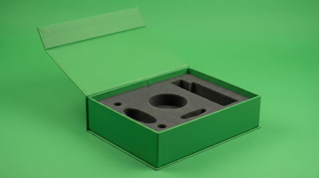 Open green cardboard box with custom black foam insert template designed for secure product transport on bright green background.