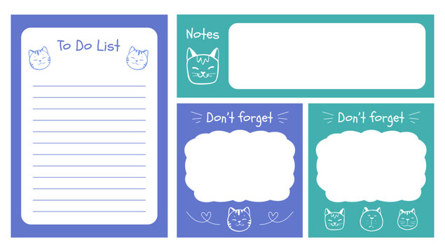 Flat vector to do list and memo sticker set with handdrawn cartoon cats. Cute sticky notes with animal face for digital design, journals, or scrapbooking. Planner layout template.