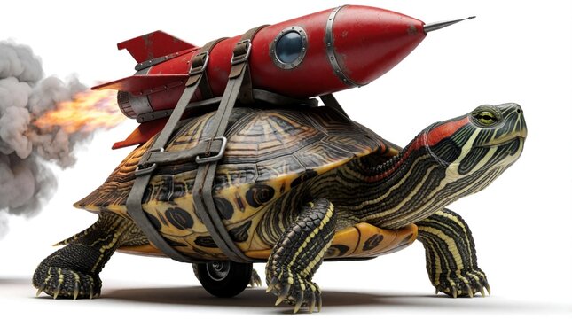 Funny turtle carries red rocket on shell with smoke, fire. Slow reptile uses fast propulsion system for rapid movement. Creative concept of speed, acceleration. Animal travels on wheels like high
