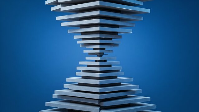 Abstract white architectural pattern of stacked slabs twisting into an hourglass on deep blue