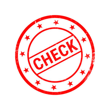 Red check rubber stamp icon, grunge circular checkmark seal, verified quality control mark on white background