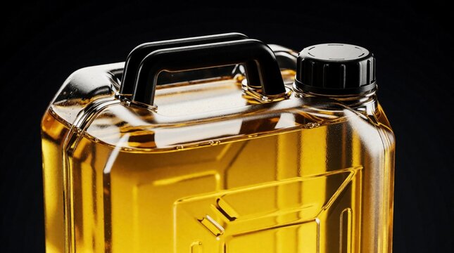 Plastic jerrycan holds golden yellow liquid, likely fuel or oil. Container has black handle and cap, set against dark background. This visual relates to energy, transport, and industrial supplies.