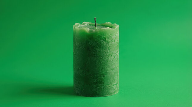 Rustic textured green pillar candle featuring uneven edges and cotton wick positioned on bright green background for zen decor.