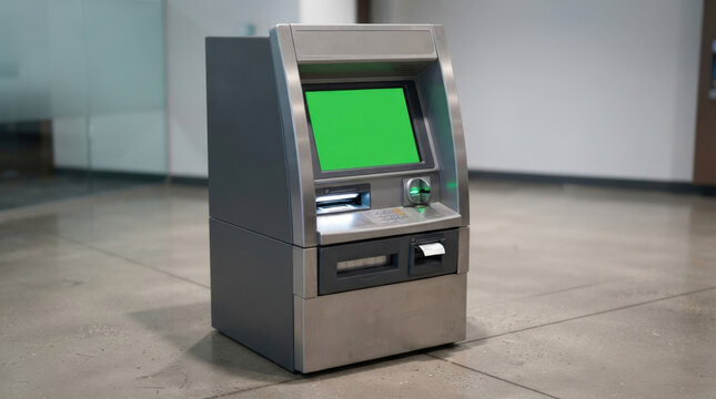 Silver automated teller machine with blank green screen interface for banking service presentation and financial kiosk concept.