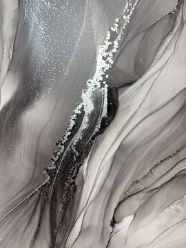 Handmade original alcohol ink abstract macro. Silver metallic fluid texture, swirling patterns, shimmer particles, glossy bubbles. Royalty free artwork, no AI.