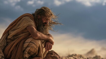 Fototapeta premium Job seated on the ground in deep suffering, remaining steadfast in faith and unwavering trust in God.