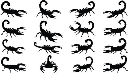 Fototapeta premium Black silhouette vector collection of scorpions with pincers and curved tails