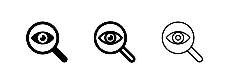 Magnifying glass with eye icons set, observe and view symbols in glyph, line, and outline styles.