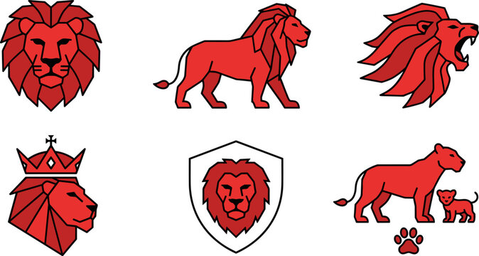 Set of red lion icons, vector illustrations of lion heads, full body lions, lion with crown, shield emblem and lioness with cub isolated