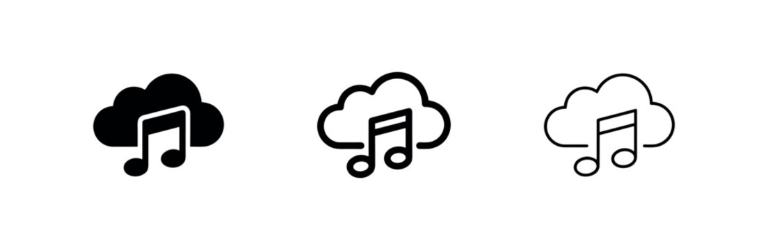 Cloud music icon set for streaming and online audio in solid, bold outline, and thin line variations.