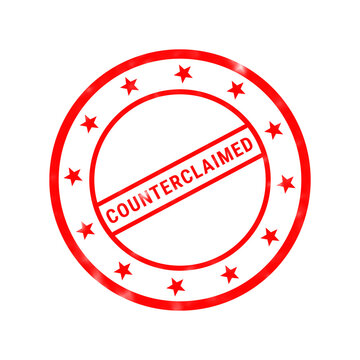 Counterclaimed red rubber stamp, circular business ink stamp with stars, legal and financial verification mark