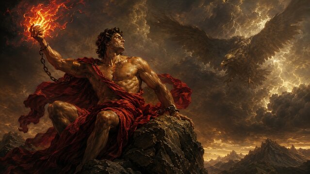 Chained Prometheus holding fire on rock during eagle attack in stormy sky