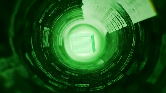Glowing rectangular block rotates within concentric green digital rings as patterned circular bands shift around center, creating luminous abstract technology tunnel against dark background