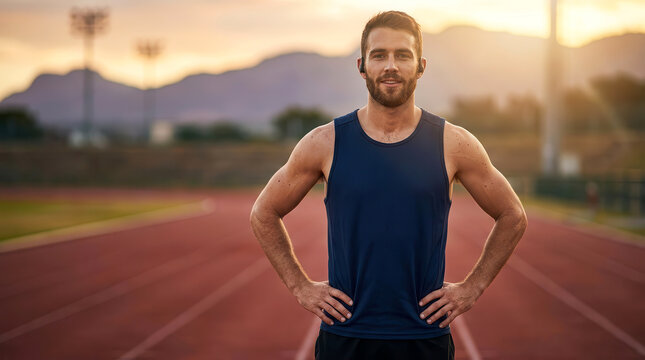 Portrait of a fit young man standing on a running track at sunset
