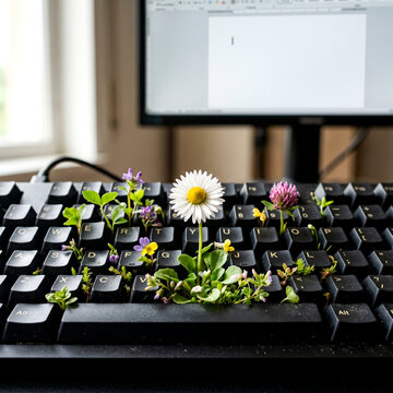 Flowers growing from keyboard macro creative bloom square stock