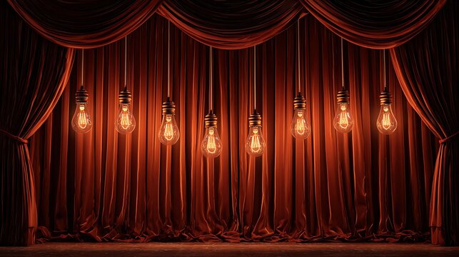 Vintage Edison bulbs hanging above a red velvet theater curtain creating a dramatic stage background for performance or presentation