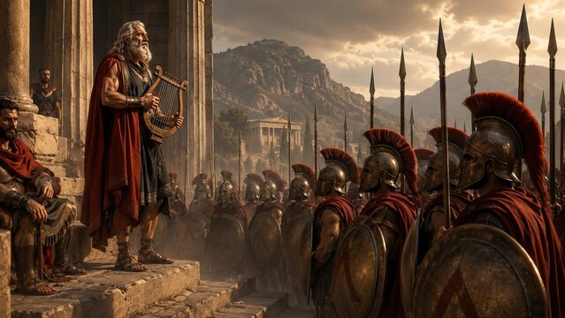 Elderly bard playing harp before formation of armed warriors in ancient city
